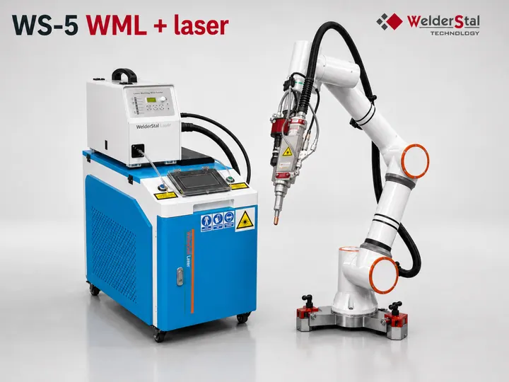 Urządzenie laserowe Welderstal obok ramienia cobota z zamontowaną głowicą laserową