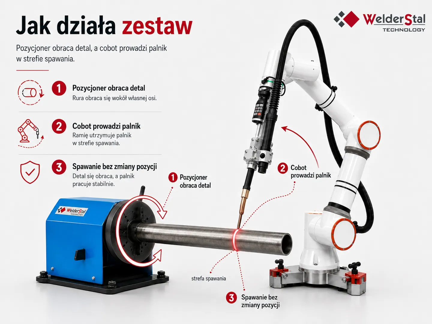 Pozycjoner obraca rurę, a cobot prowadzi palnik w strefie spawania